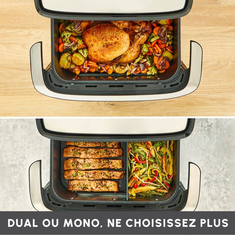 Tiroir de la Moulinex Easy Fry Dual Flex avec séparateur amovible pour deux zones de cuisson