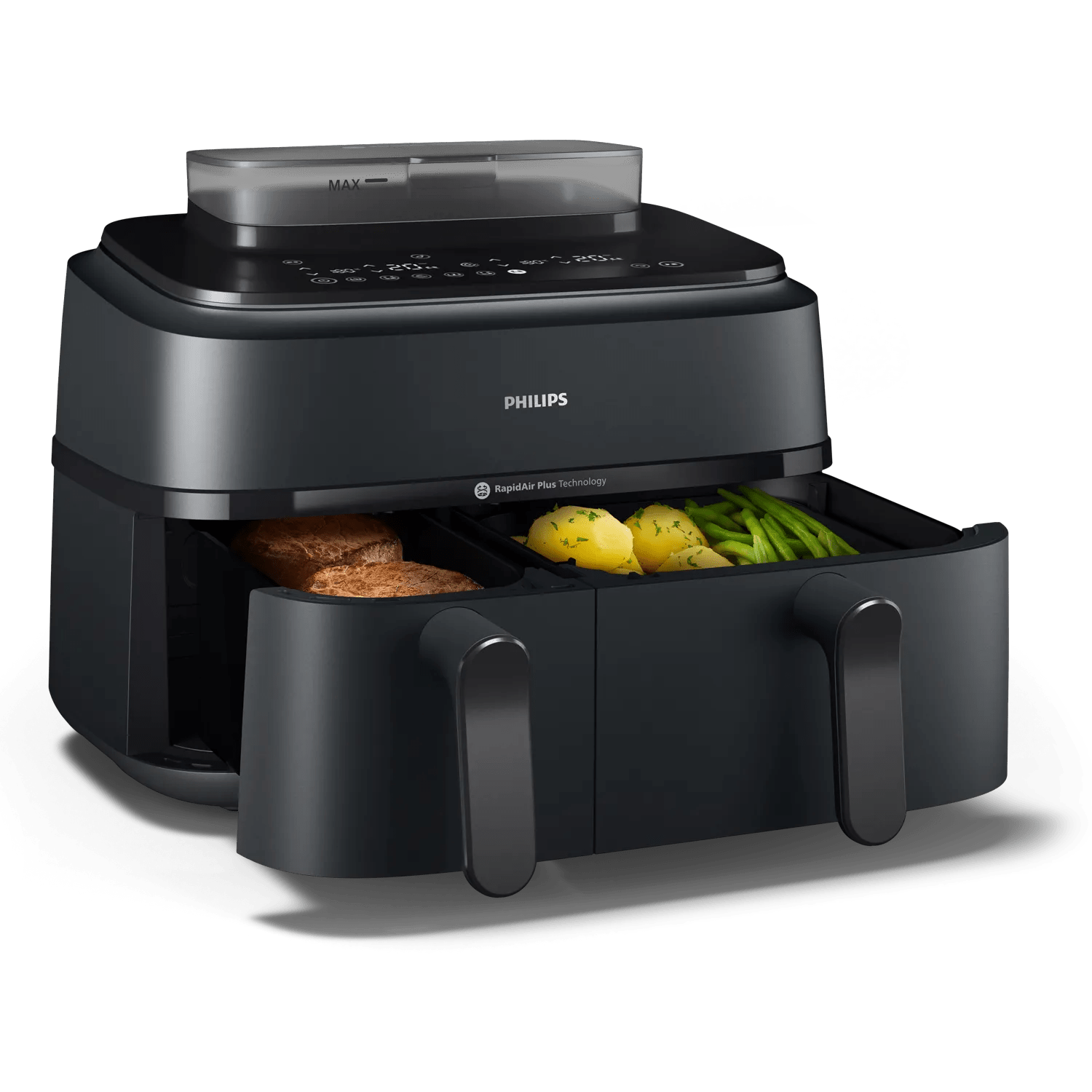Philips Airfryer Série 5000 NA550 vapeur avec ses deux paniers remplis de viande, pommes de terre et haricots verts